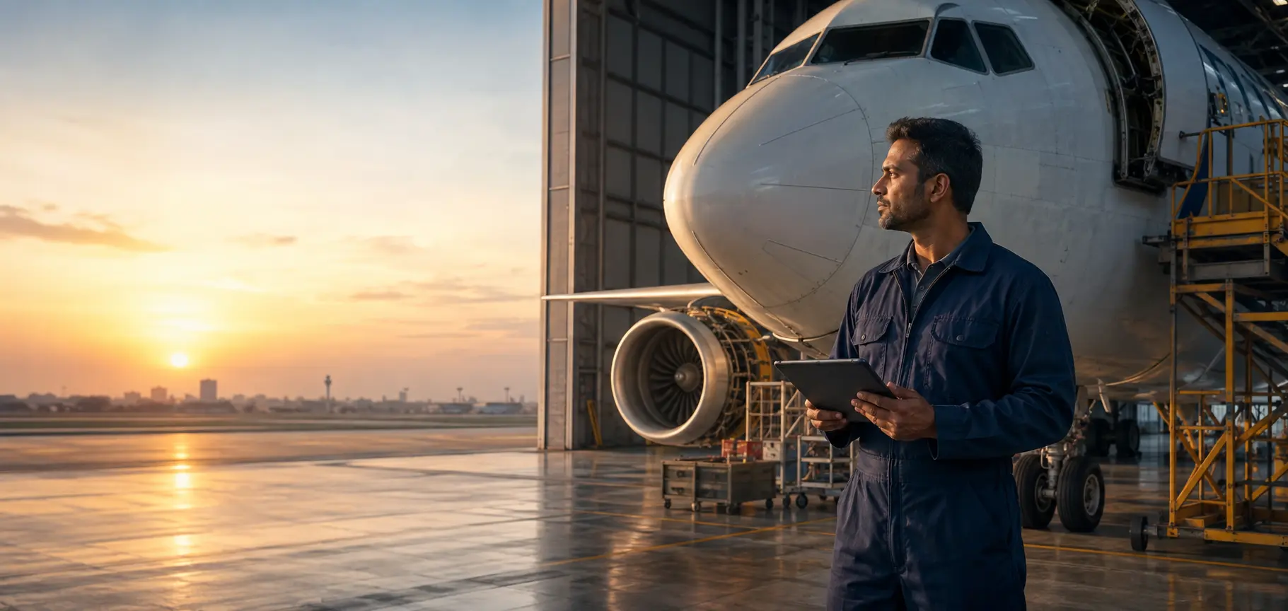 Aircraft engineering professional working in a commercial aircraft hangar