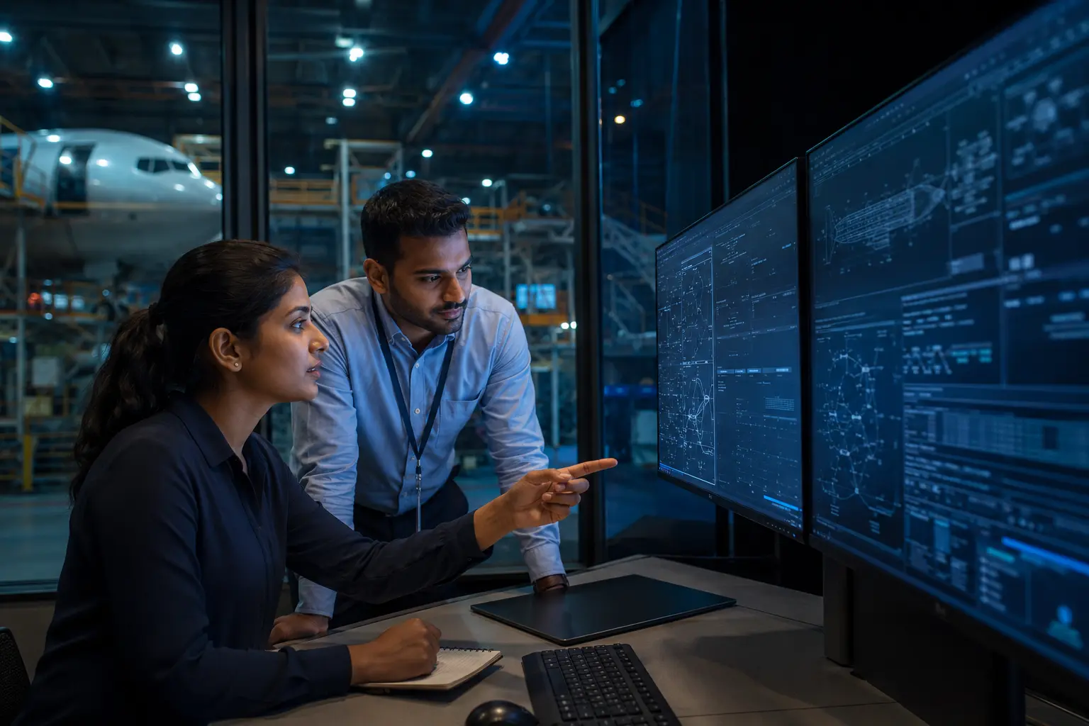 Aircraft technical records specialists reviewing maintenance data