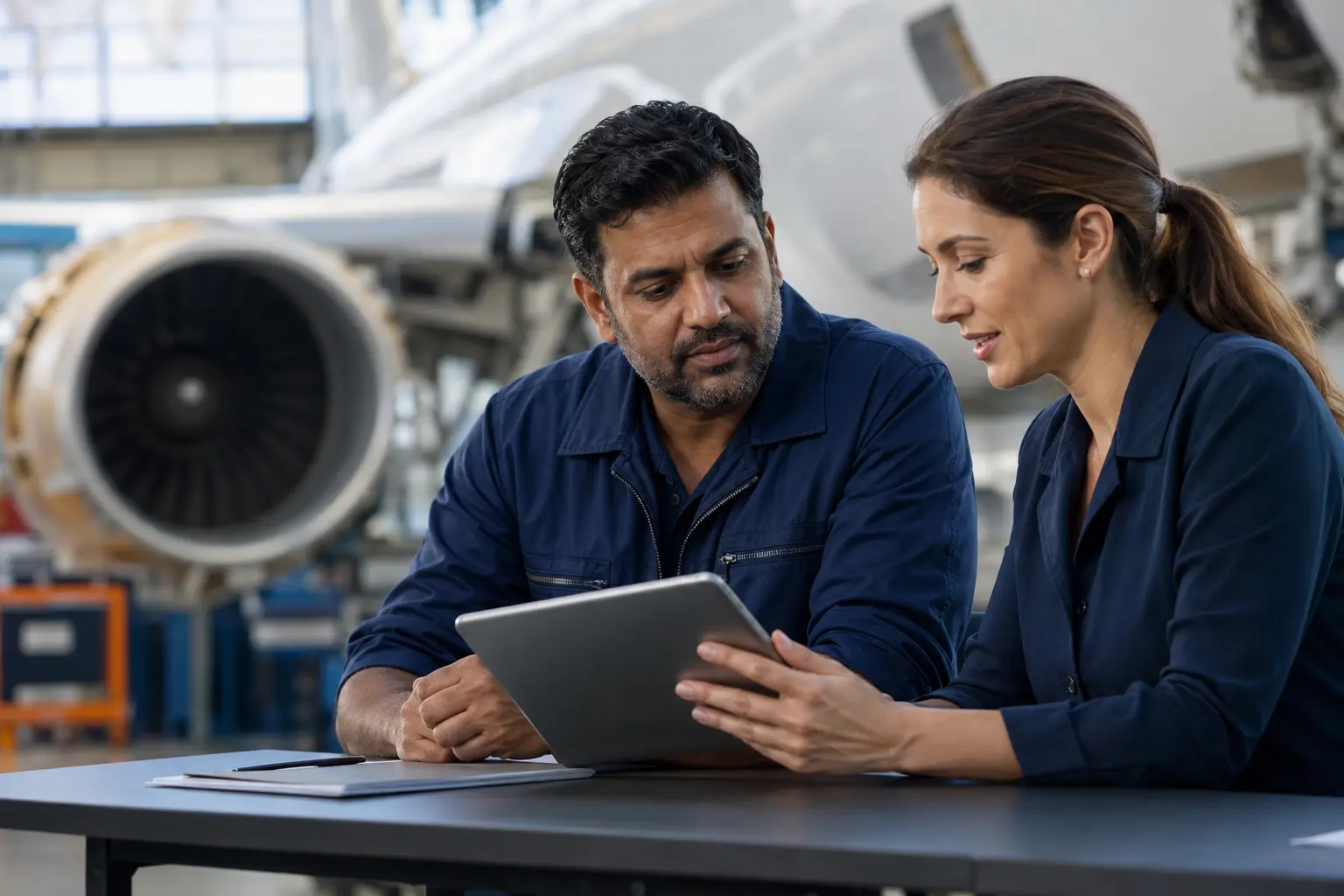 Aircraft engineering professional discussing training requirements